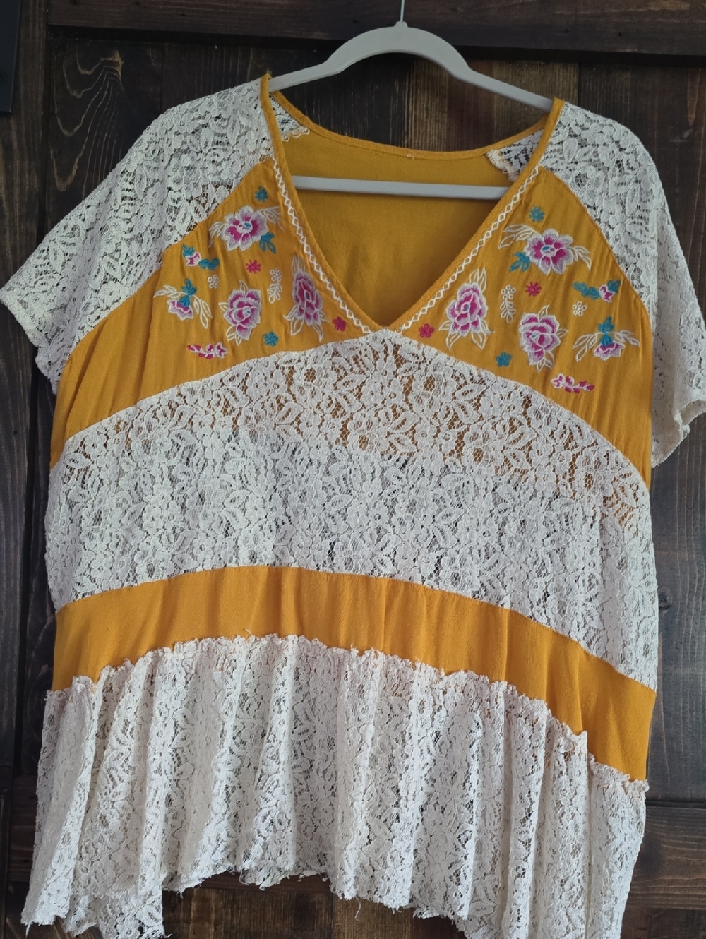 Boho Lace-Panel V-Neck Top in Mustard with Floral Embroidery
